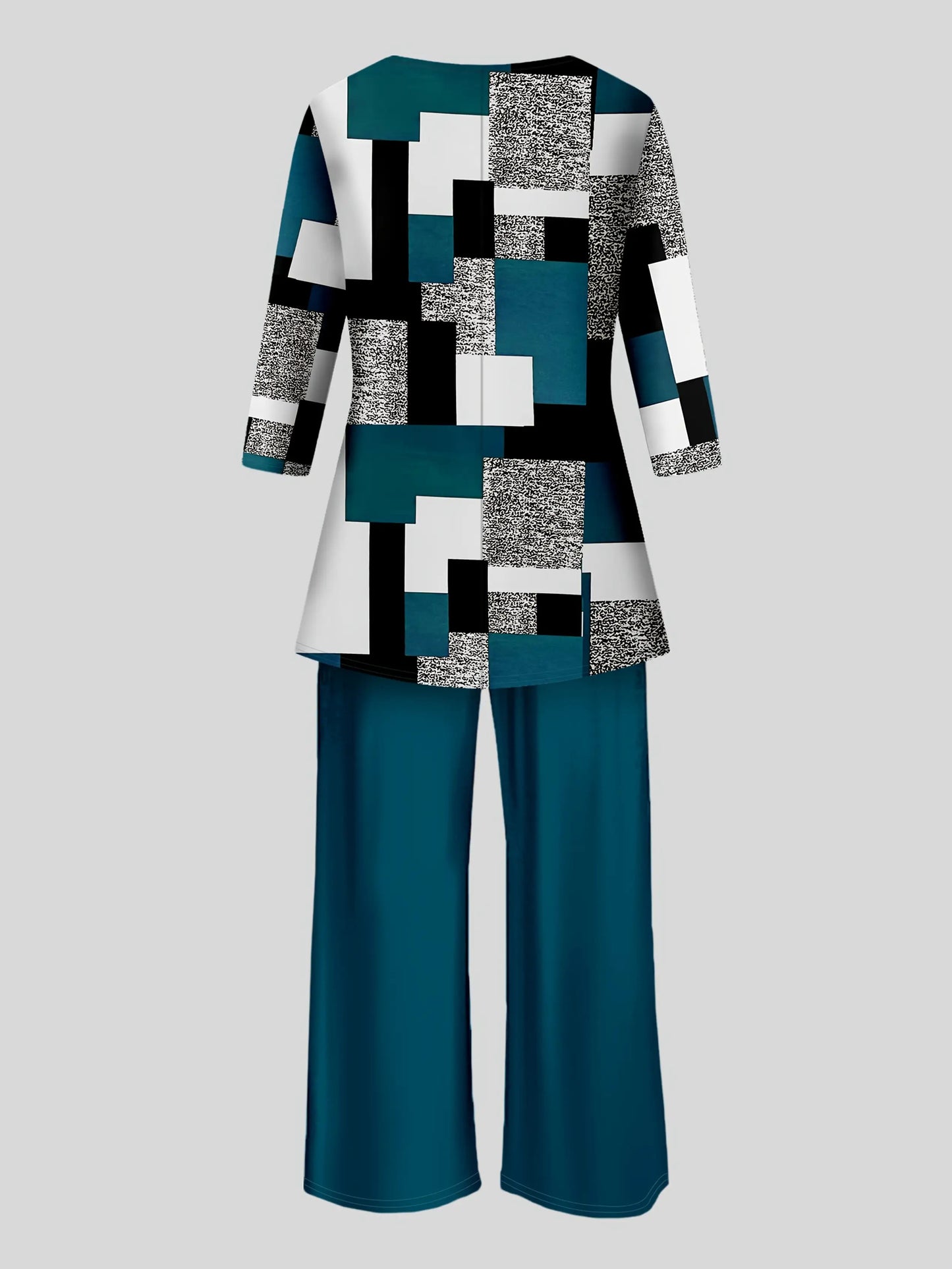 Geometric Print Long Sleeve Top And Solid Two-Piece Set