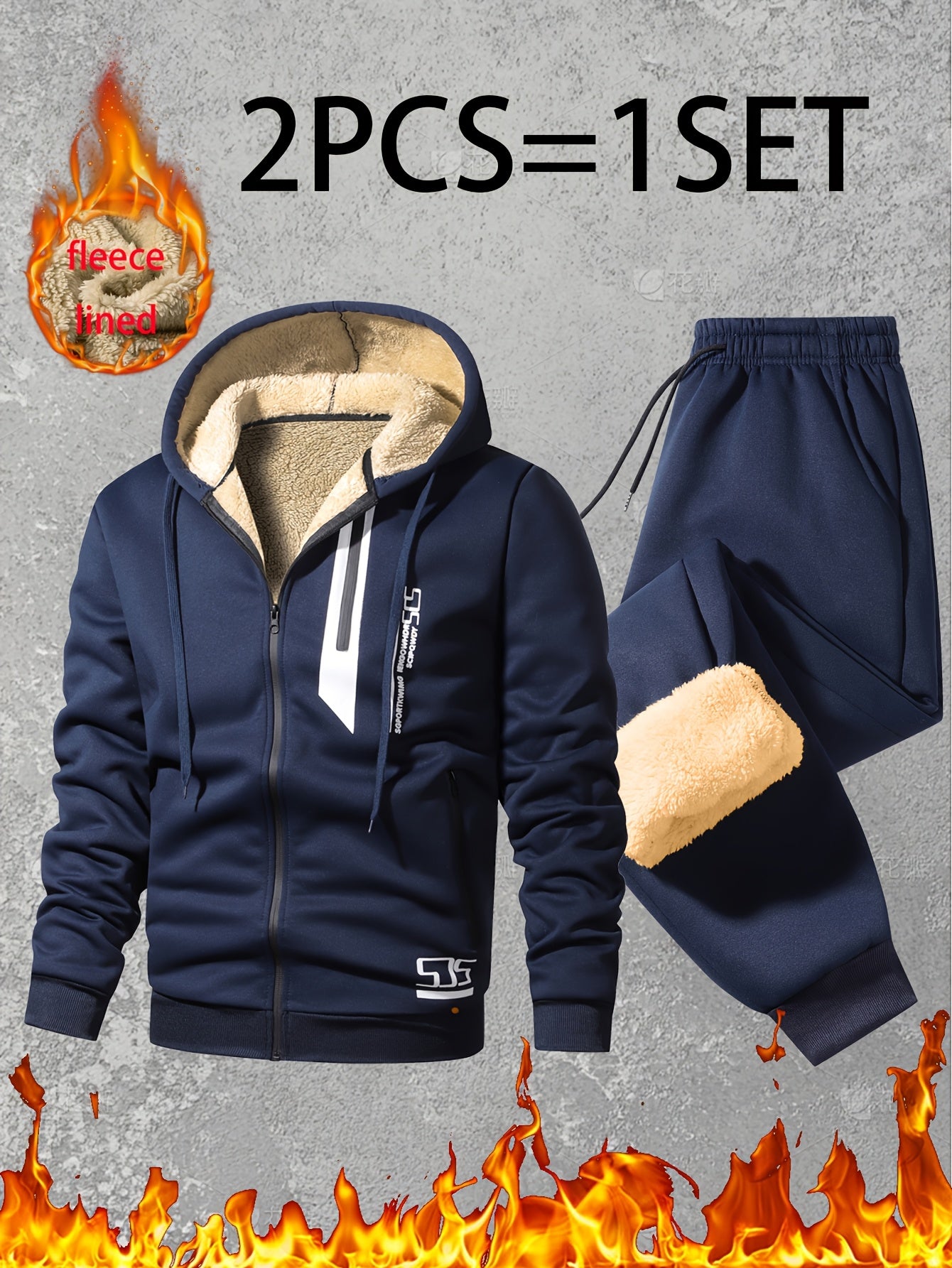 Men Thermal Fleece Jacket Set 2 Piece Full Zip Hooded Jacket And Jogger Pants