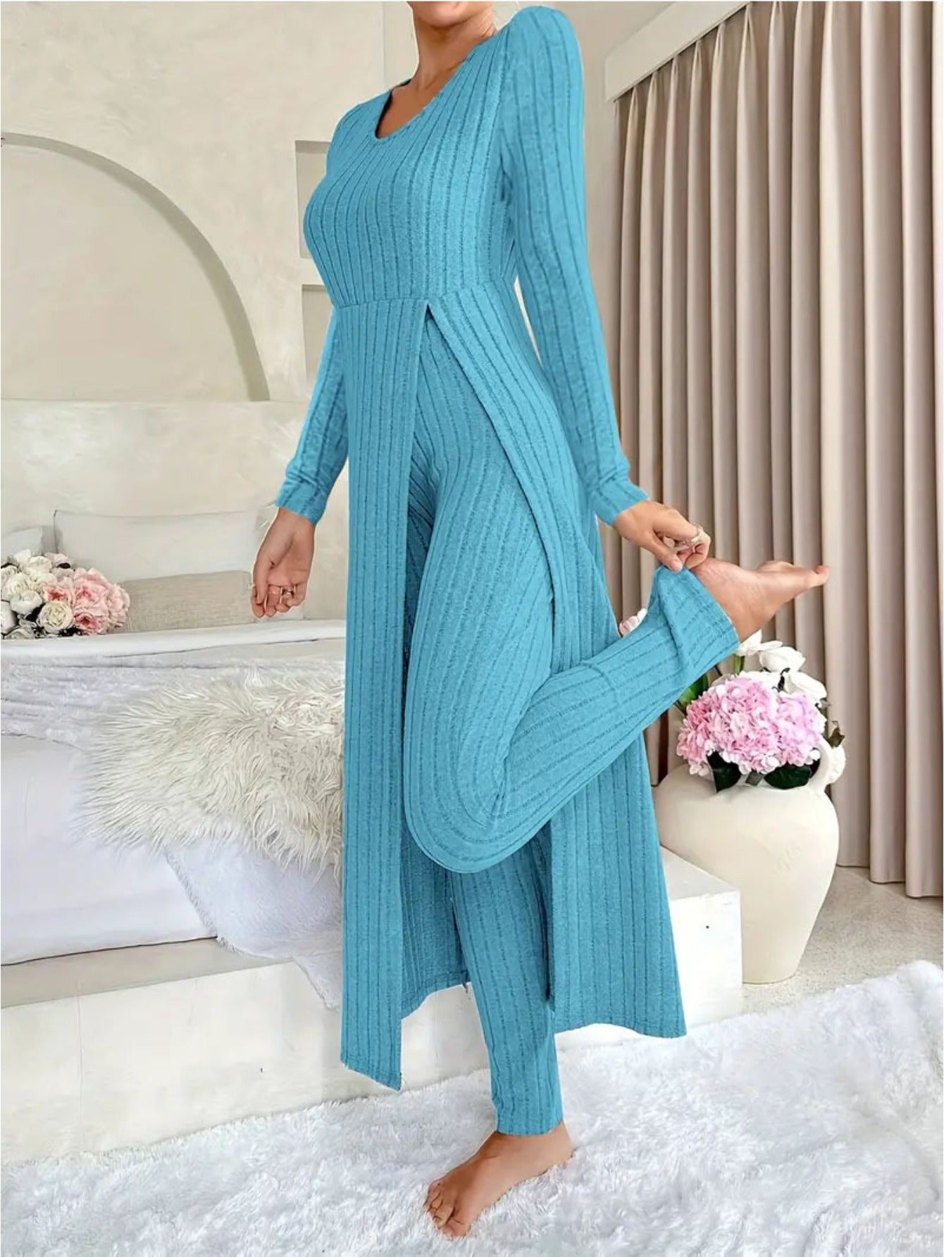 MORA QUIET Womens Fleece Two Piece Set Lounge Outfit With Wide Leg Pants