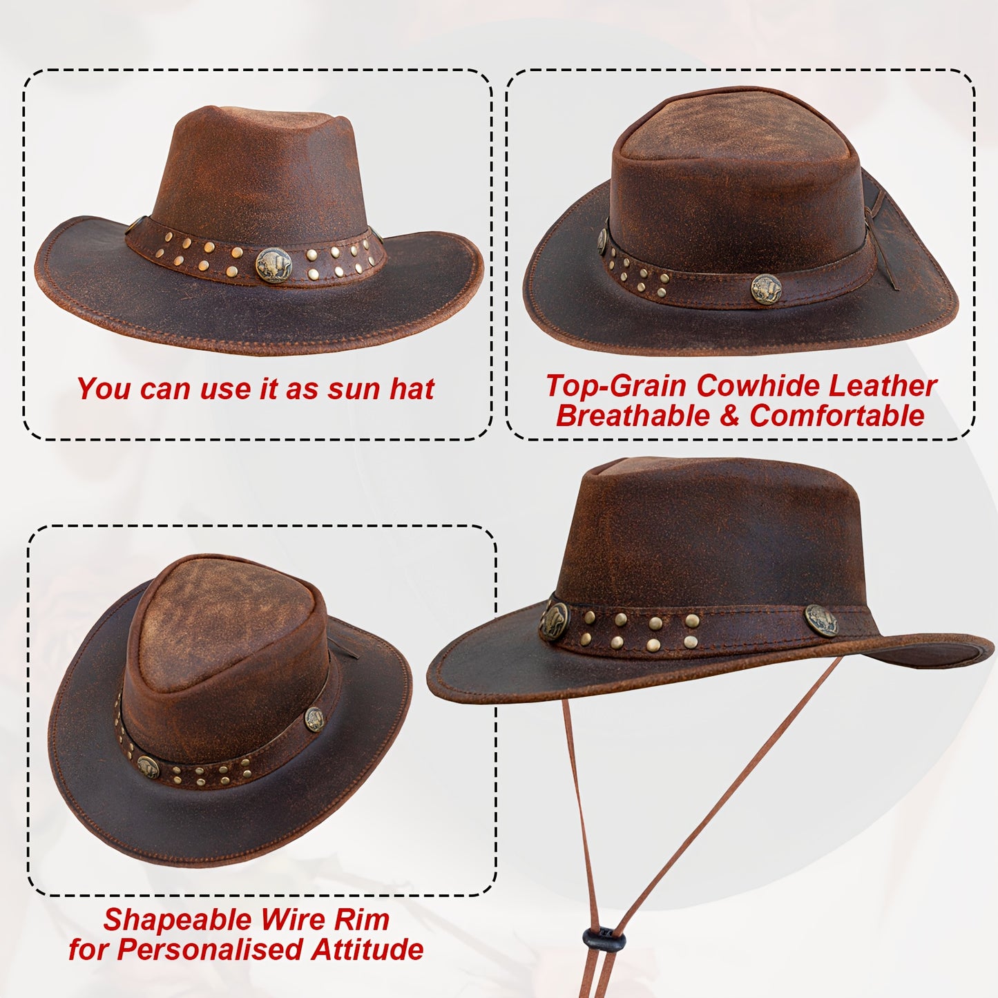 Dream Apparel Australian Cowboy Leather Hat Unisex Lightweight Wide Brim