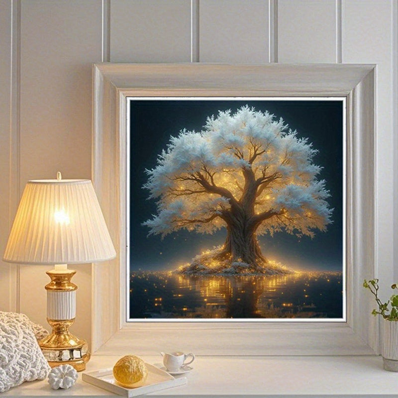 5D Diamond Painting Kit Glowing Tree With Lake Reflection And Stars Round Canvas