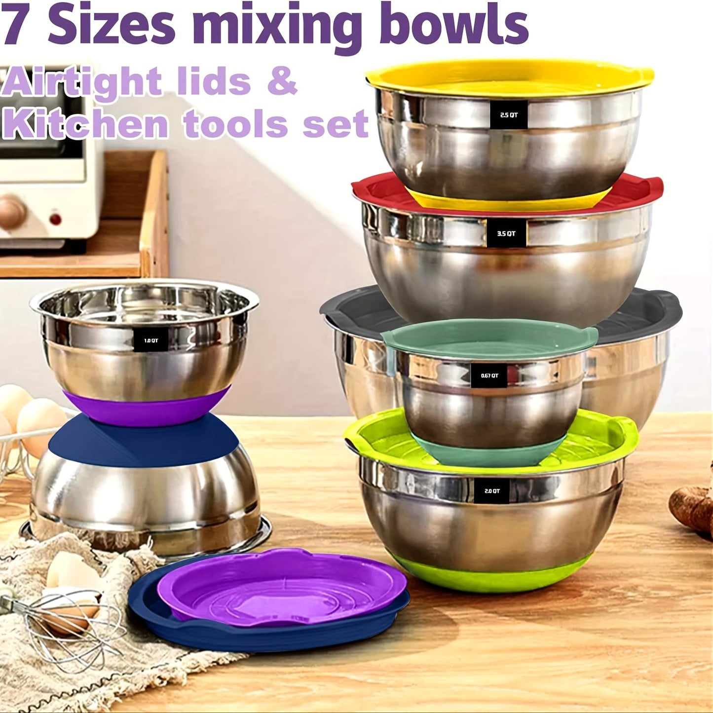 SKROAM Nesting Stainless Steel Mixing Bowl Set With Airtight Lids