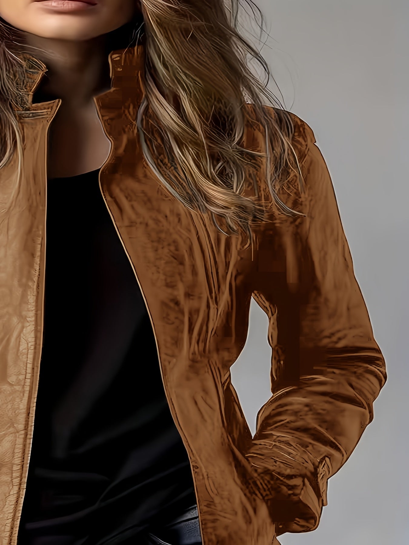 PU Spring, Summer, And Autumn Washable Casual Pocket Loose Mid-length Cardigan Jacket, Retro Motorcycle Jacket Long-sleeve Outerwear, 3D Effect, Stand Collar Design for Women's Long-sleeve Cardigan