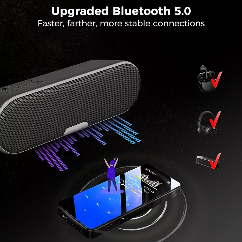 The MP4/MP3 Player Supports 128GB Bluetooth Lossless Music FM Radio Recorder. It Is Sporty And Suitable for Running. It Has An Ultra-light Metal Casing And Touch Buttons