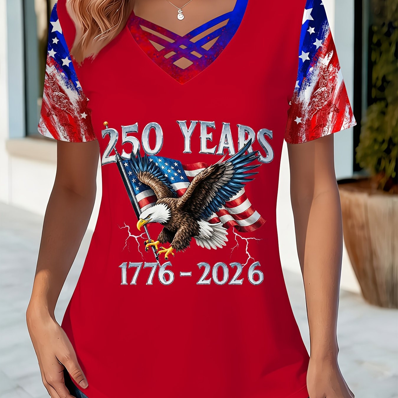 250 Years Anniversary Women's Trendy Full Print 250 Years Eagle V-neck T-shirt, 1776-2026 USA Flag Tee, for Semiquincentennial & Patriotic Gatherings T-shirt, Perfect for Daily Leisure Gifting & National Events Top