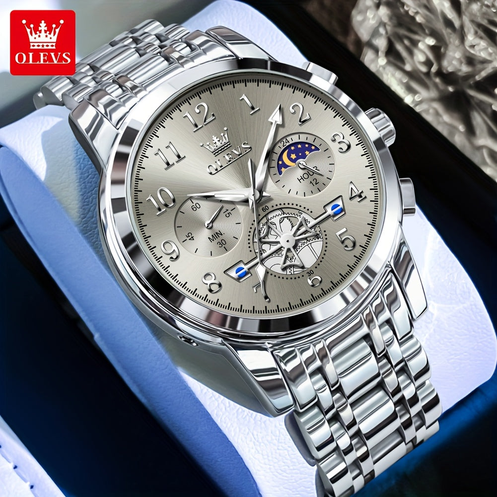 OLEVS Men's Luxury Quartz Watch Stainless Steel Moon Phase Chronograph