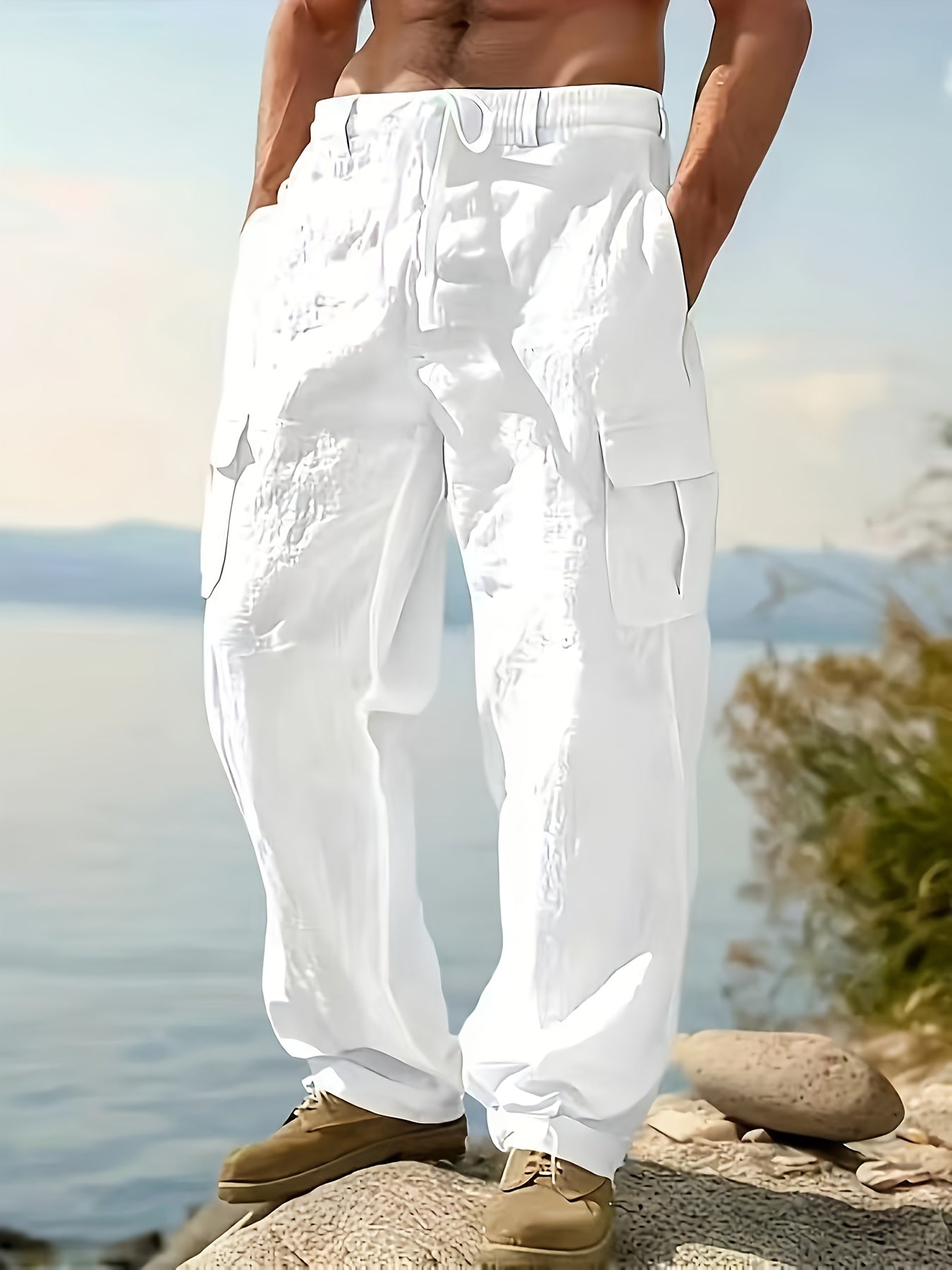 Mens Linen Work Pants Breathable Regular Fit For Casual Wear