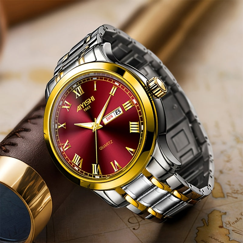 AIYISHI Stainless Steel Multifunctional Mens Watch With Date Dial