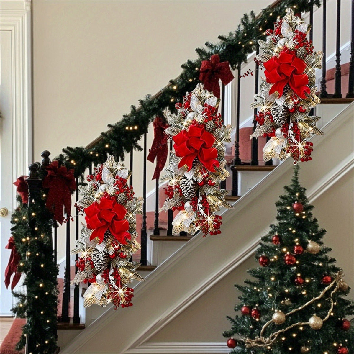 Christmas Wreath Swags With Berries Artificial Staircase Decor