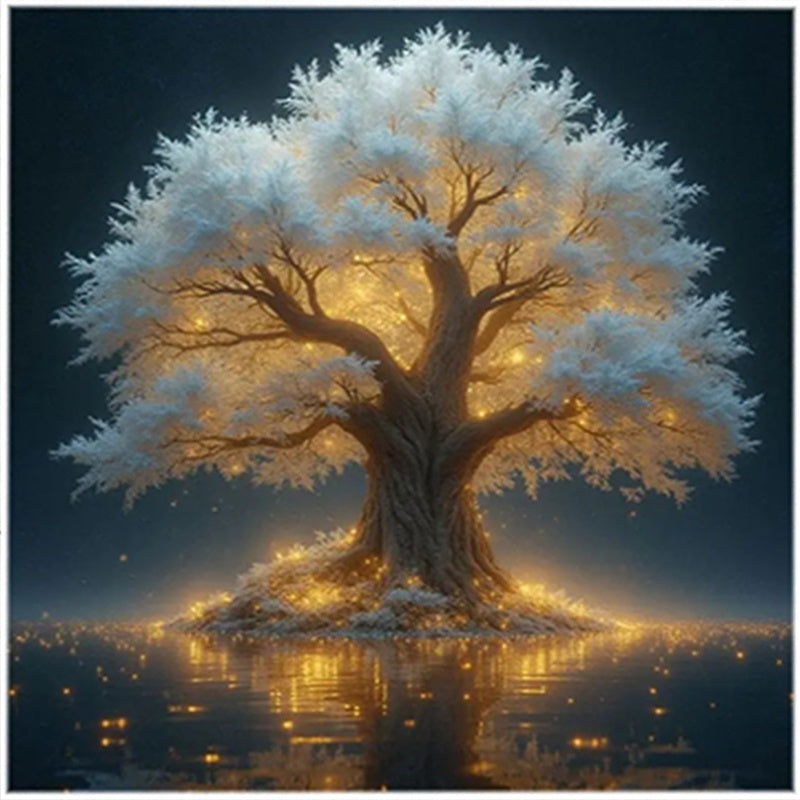 5D Diamond Painting Kit Glowing Tree With Lake Reflection And Stars Round Canvas