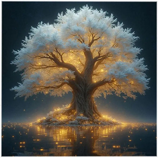 5D Diamond Painting Kit Glowing Tree With Lake Reflection And Stars Round Canvas