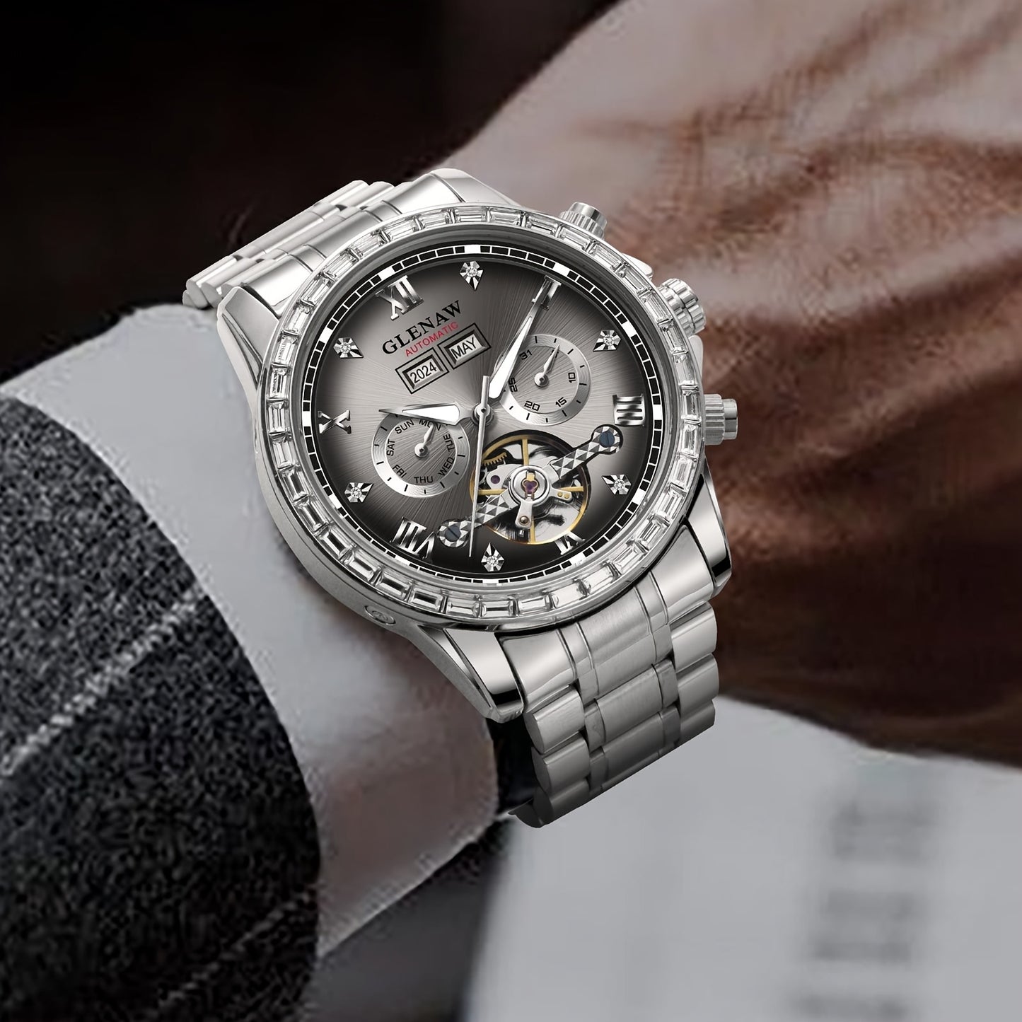 GLENAW Mens Automatic Mechanical Watch Stainless Steel Date Display