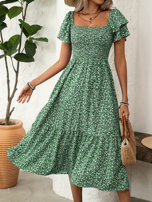 Elegant Floral Print Dress Polyester Ruffle Hem A-Line Dress