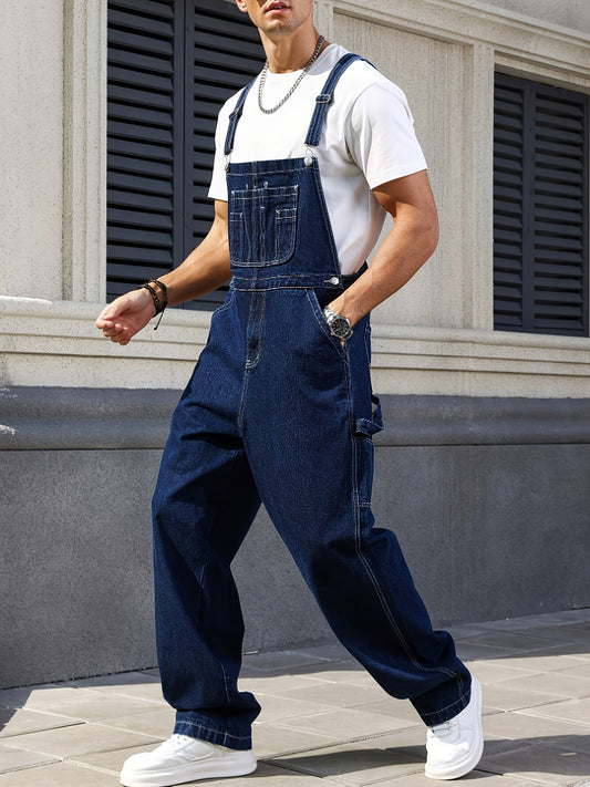 HME Men's Vintage Washed Denim Overalls With Multi Pocket Design