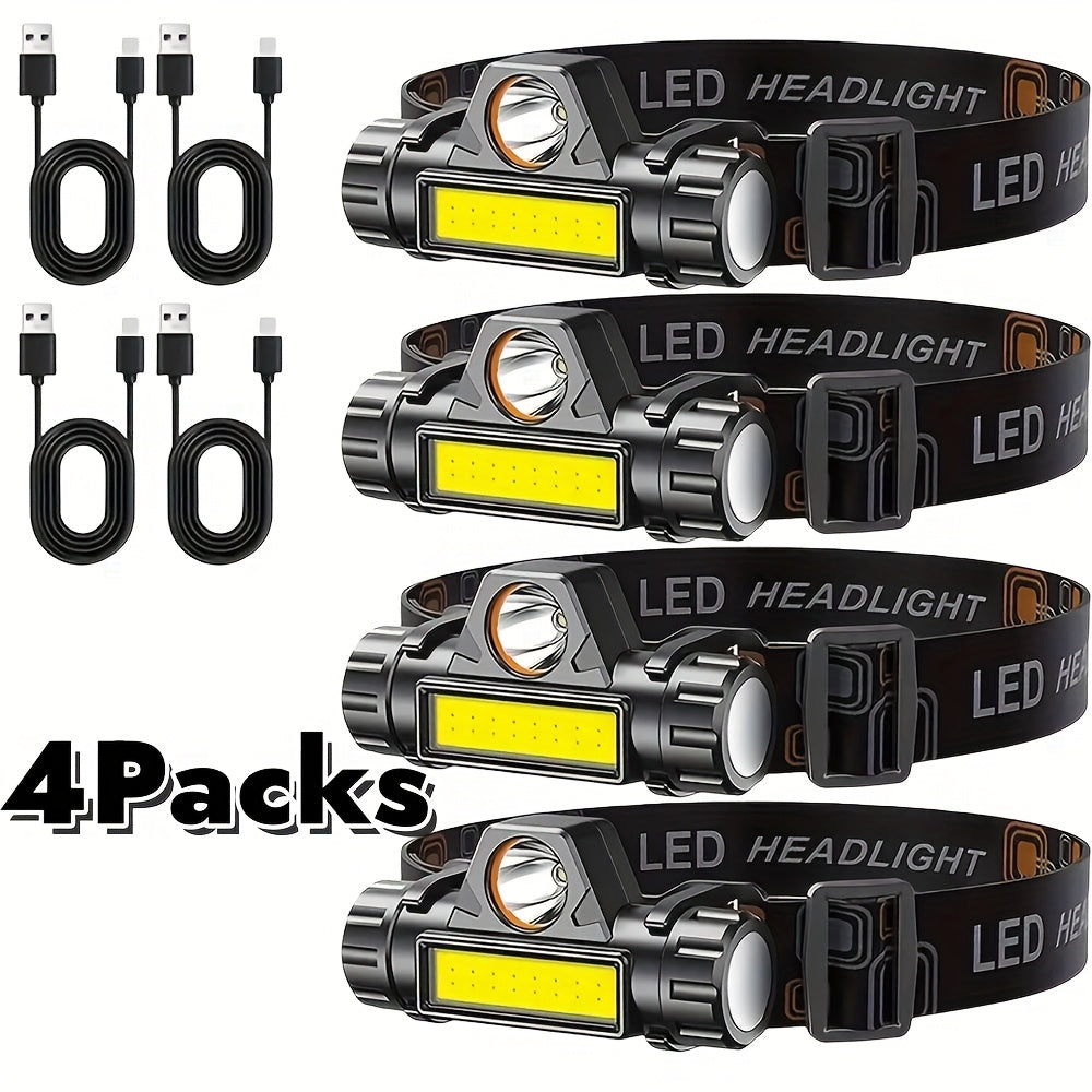 Set of 4 COB LED Headlamp Rechargeable Super Bright Long Lasting, Headlight for Head Long Range Hard Hat Light Clips for Headlamp, Hands Free Work Headlight with Magnetic Base Adjustable, Cycling Running Hiking High Lumens He