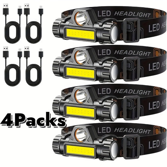 Set of 4 COB LED Headlamp Rechargeable Super Bright Long Lasting, Headlight for Head Long Range Hard Hat Light Clips for Headlamp, Hands Free Work Headlight with Magnetic Base Adjustable, Cycling Running Hiking High Lumens He