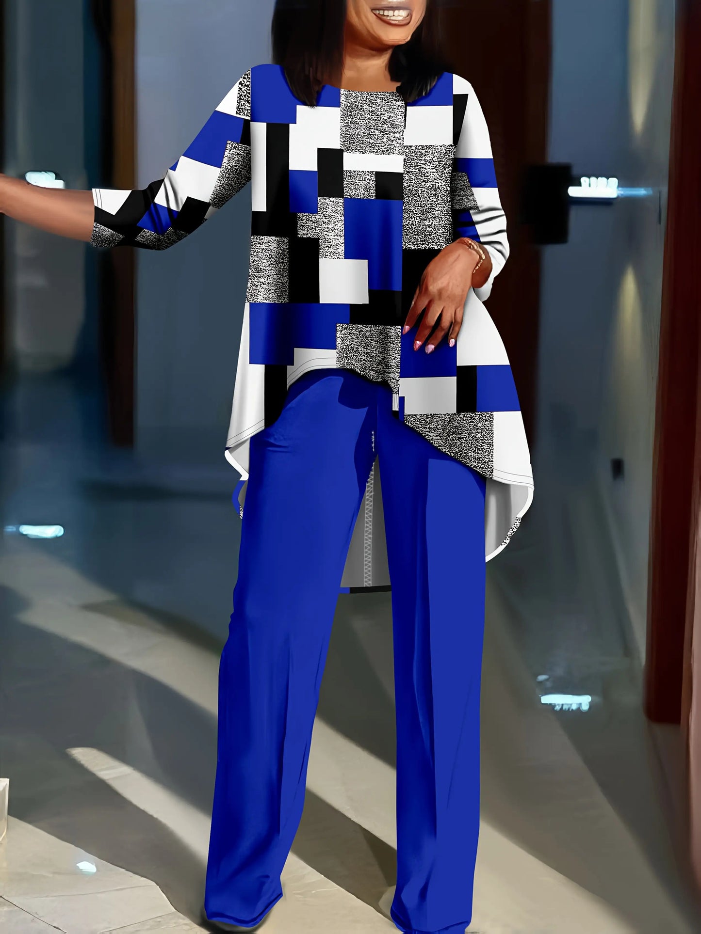 Geometric Print Long Sleeve Top And Solid Two-Piece Set