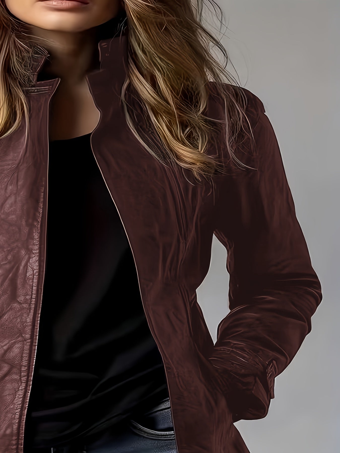 PU Spring, Summer, And Autumn Washable Casual Pocket Loose Mid-length Cardigan Jacket, Retro Motorcycle Jacket Long-sleeve Outerwear, 3D Effect, Stand Collar Design for Women's Long-sleeve Cardigan