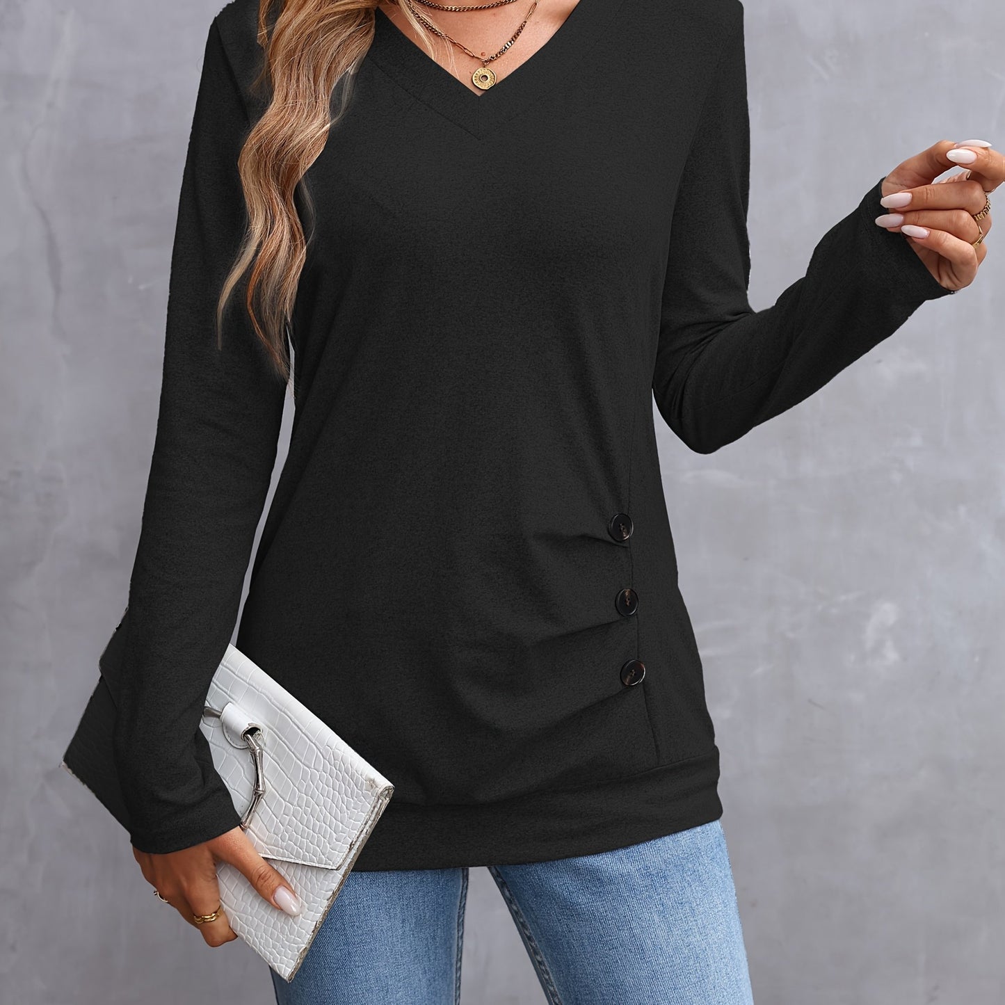 100% Polyester Elegant Long Sleeve V-Neck T-Shirt Solid Color Button Detail Regular Length