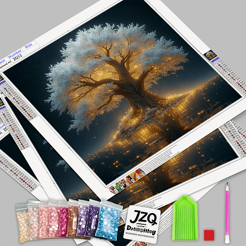 5D Diamond Painting Kit Glowing Tree With Lake Reflection And Stars Round Canvas