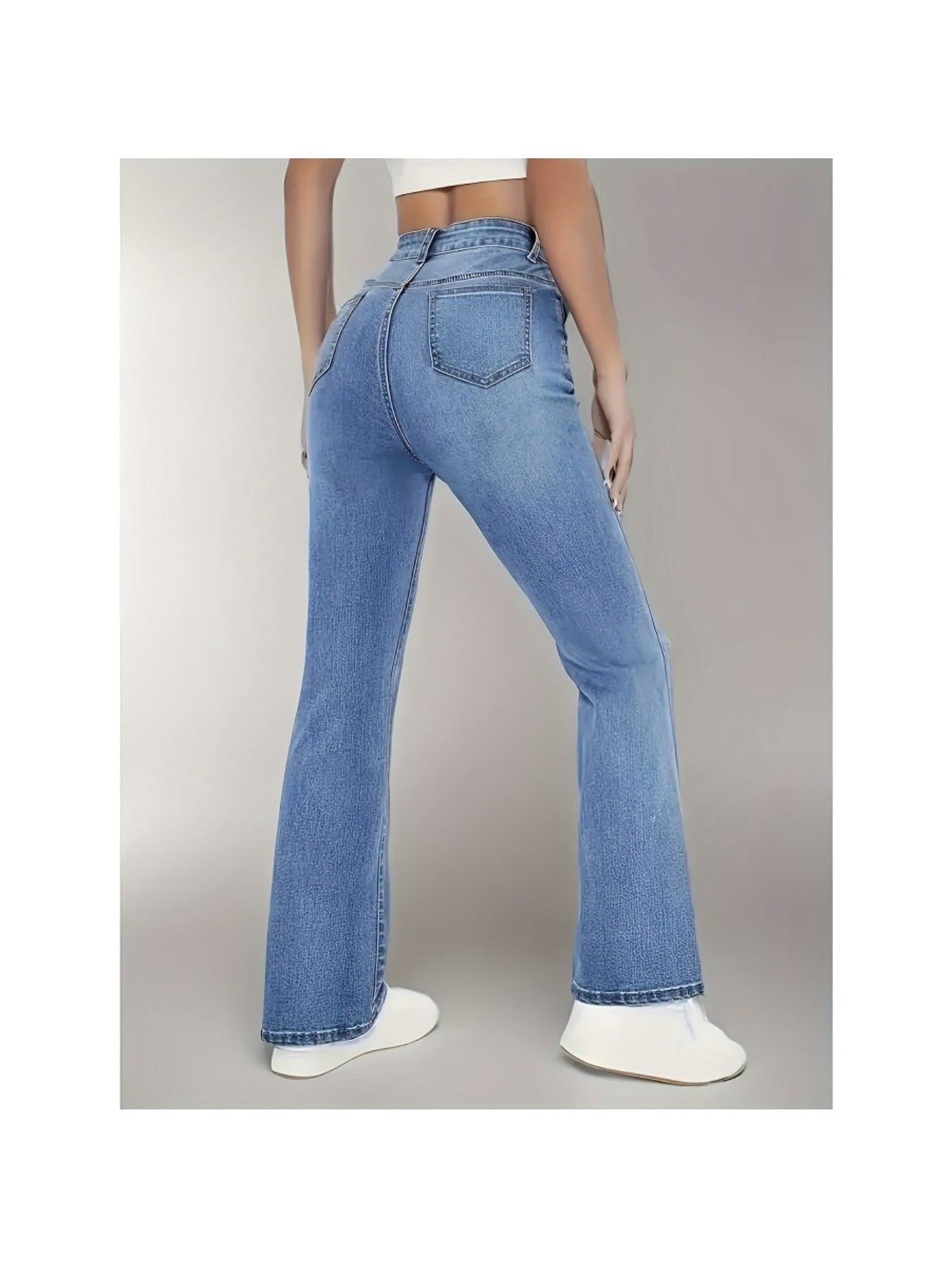 Women'S High-Waisted Stretch Flared Jeans | Tummy Control, Medium Stretch, Comfortable, Classic Blue Wash, Casual Office, All-season, Solid Color, Washed Detail