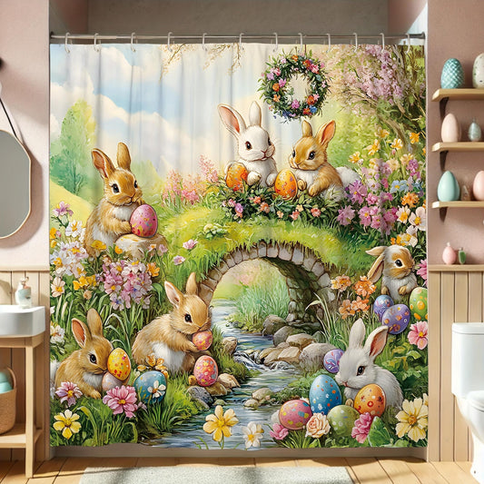 1pc Large 72x78 Inch Easter Bunny & Tulip Shower Curtain with 12 Hooks - Pastel Pink, Green, Yellow, Blue, White & Brown Spring Bathroom Decor - Cute Rabbit & Egg Design, Machine Washable Fabric Bath Sheet for Bathroom, Easte