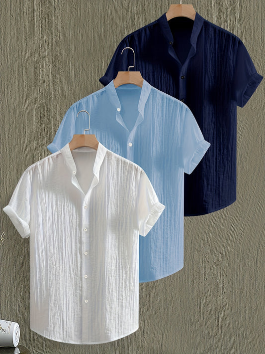 Men's Summer Stand Collar Shirt Breathable Button Up Top