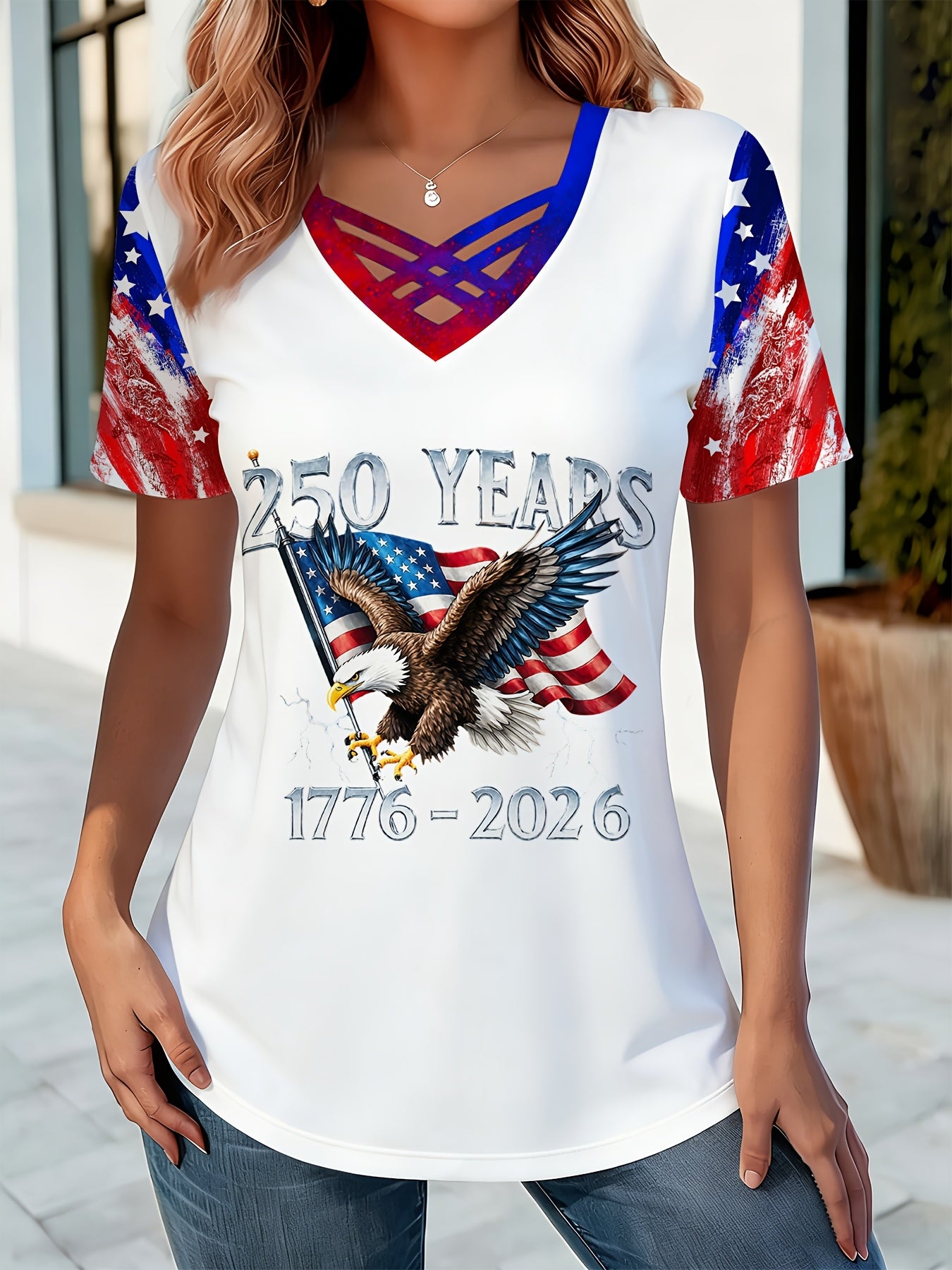 250 Years Anniversary Women's Trendy Full Print 250 Years Eagle V-neck T-shirt, 1776-2026 USA Flag Tee, for Semiquincentennial & Patriotic Gatherings T-shirt, Perfect for Daily Leisure Gifting & National Events Top