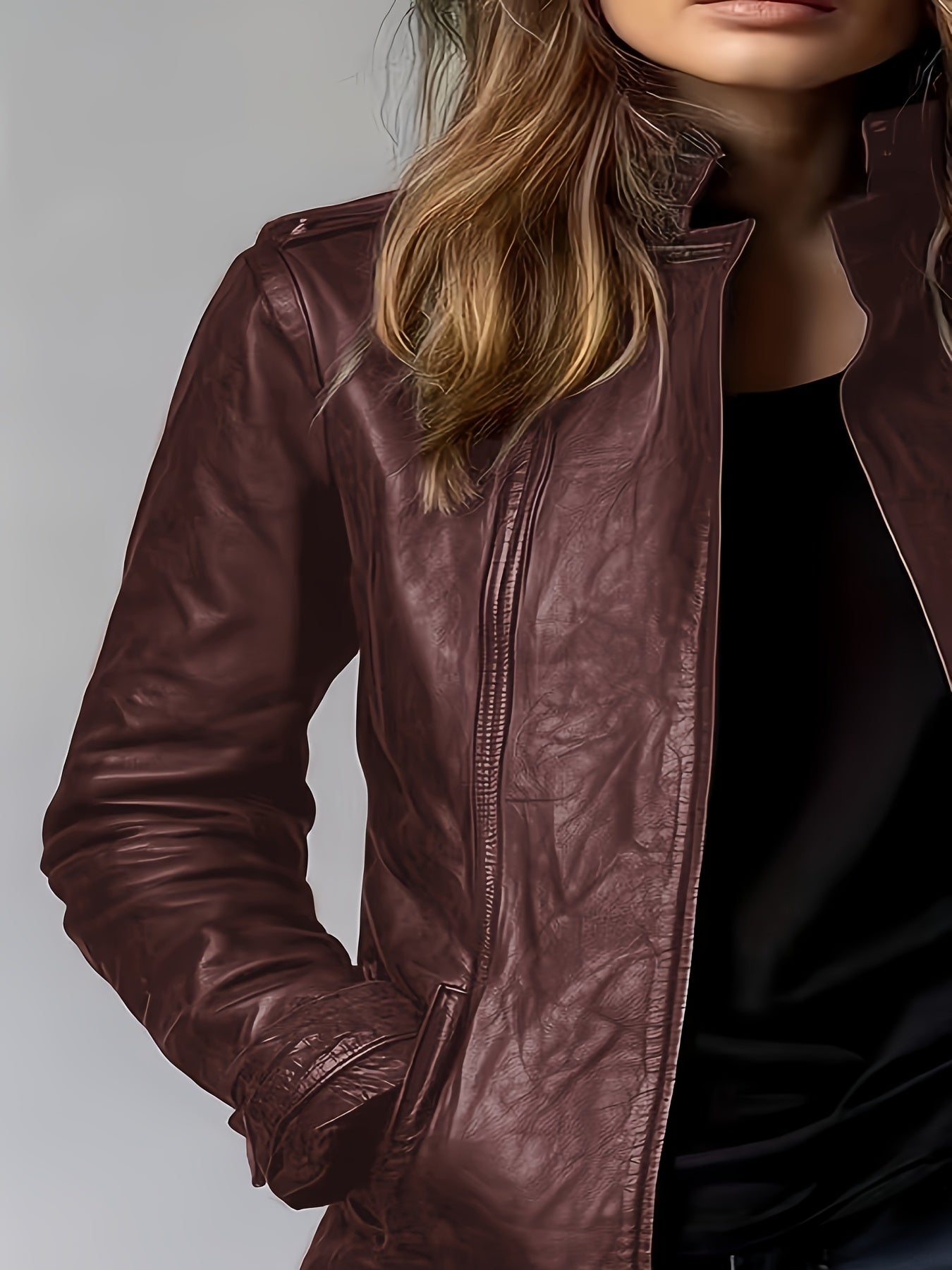 PU Spring, Summer, And Autumn Washable Casual Pocket Loose Mid-length Cardigan Jacket, Retro Motorcycle Jacket Long-sleeve Outerwear, 3D Effect, Stand Collar Design for Women's Long-sleeve Cardigan