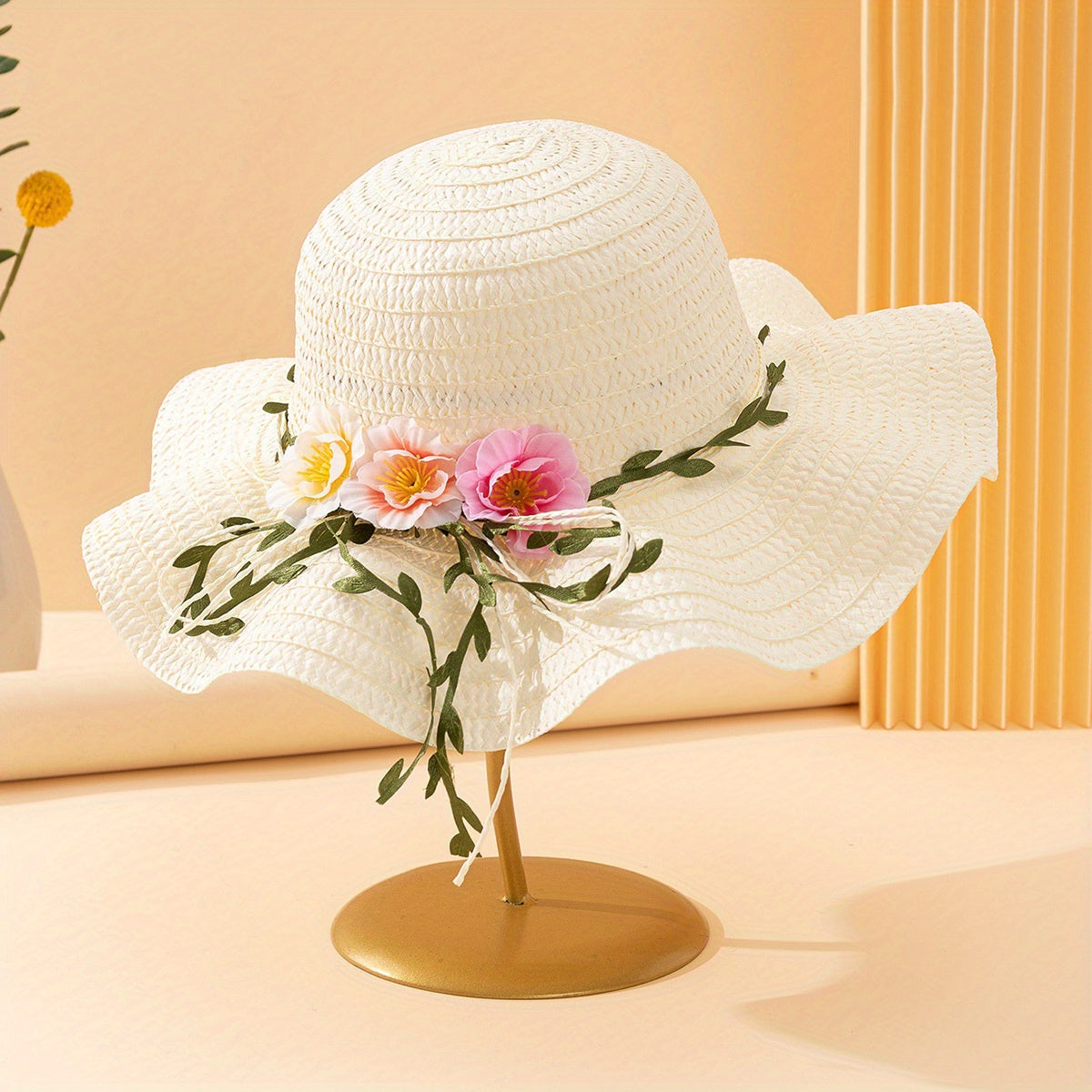 1 Women's fabric flower and leaf decorated wavy straw hat, sweet pastoral style suitable for s, Women's outdoor vacation, wedding season, summer gift, beach play