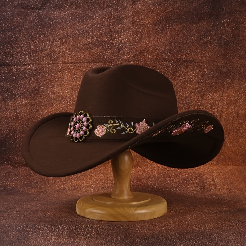 1pc Pink Floral Embroidered Hat | Ladies' British Soft Felt Cowboy Hat with Turquoise and Embroidered Belt, Ideal for Weddings, Holidays, and Parties.