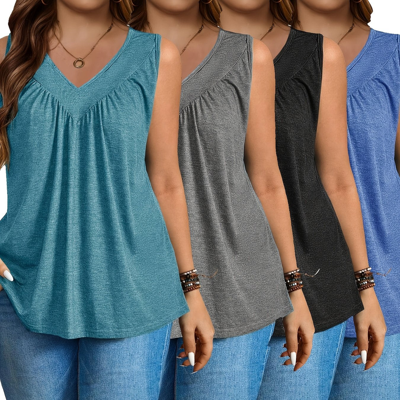 Women's V-Neck Sleeveless Tank Tops Four Piece Pleated Casual Set