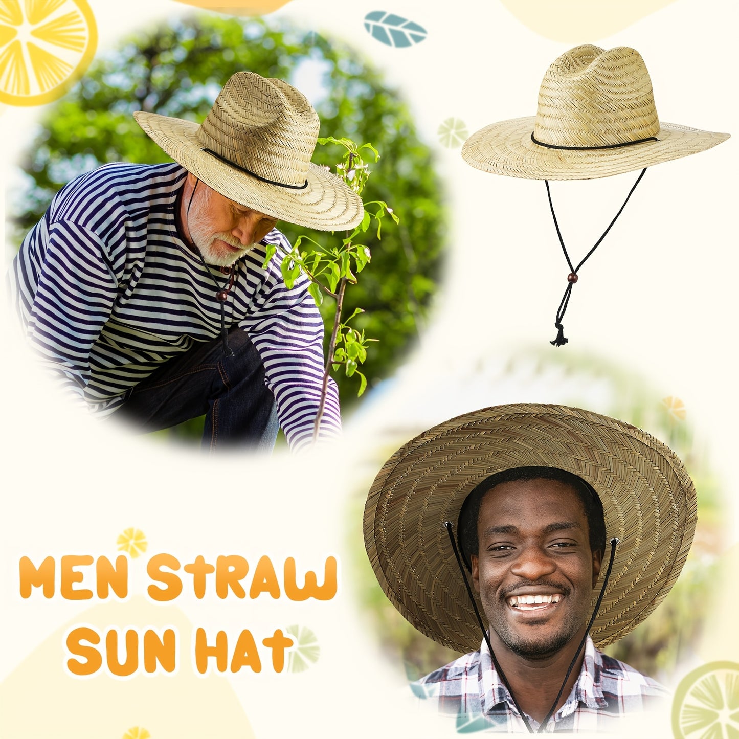 6pcs Men's Straw Sun Hat Wide Brim Summer Beach Hat Yellow