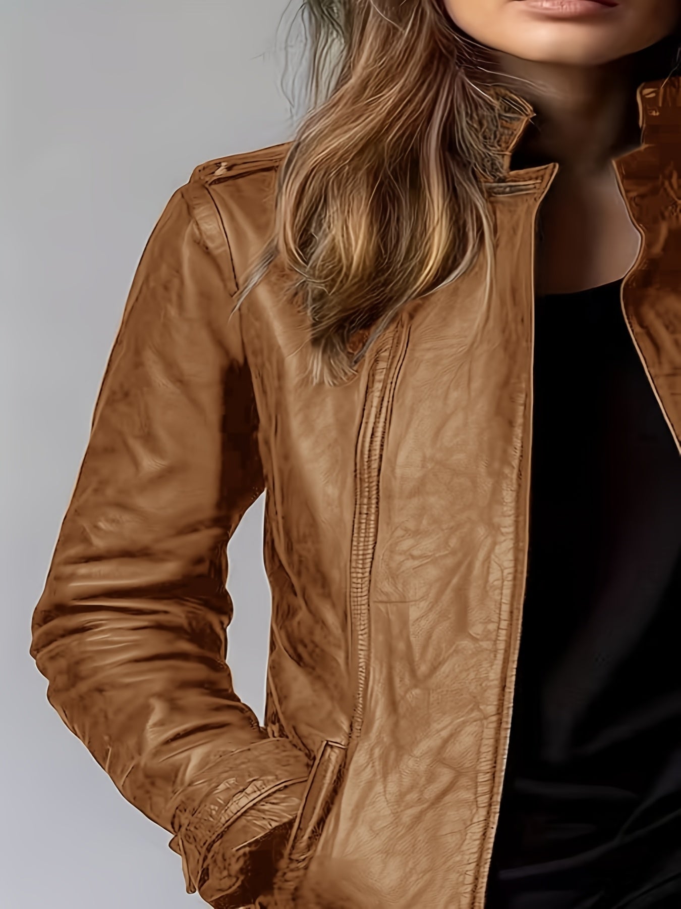 PU Spring, Summer, And Autumn Washable Casual Pocket Loose Mid-length Cardigan Jacket, Retro Motorcycle Jacket Long-sleeve Outerwear, 3D Effect, Stand Collar Design for Women's Long-sleeve Cardigan