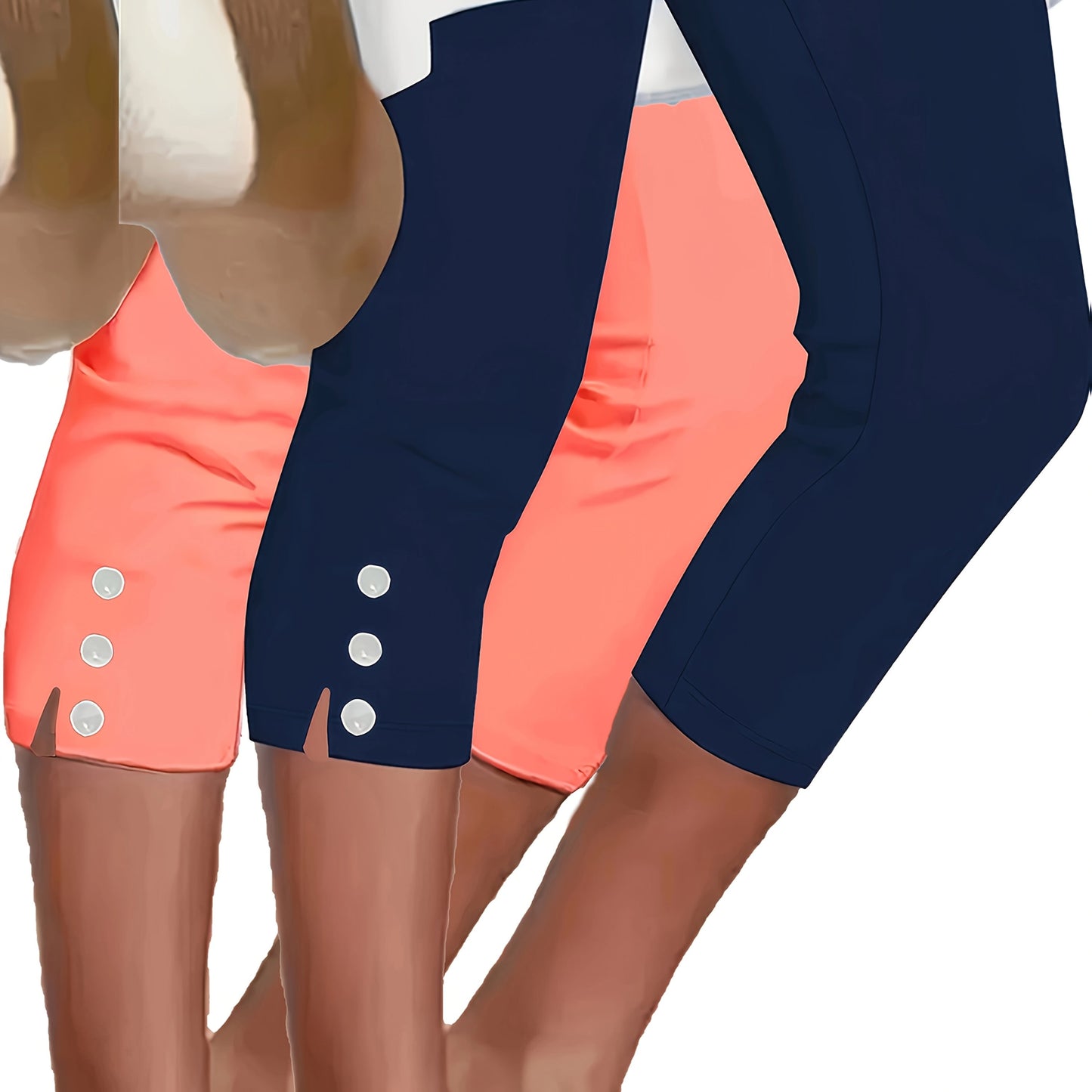 Two Pack Women's Slim Fit Capri Leggings With Button Detail