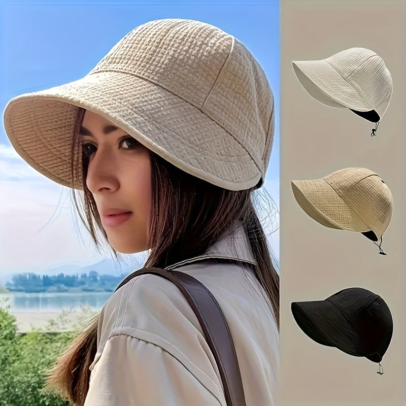 2 Random Color Women's Wide Brimmed Sun Hats, Resistant Hiking And Fishing Hats, Solid Color Fisherman Hats, Adjustable Drawstring Outdoor Beach Sun Hats, Foldable Ponytail Hats