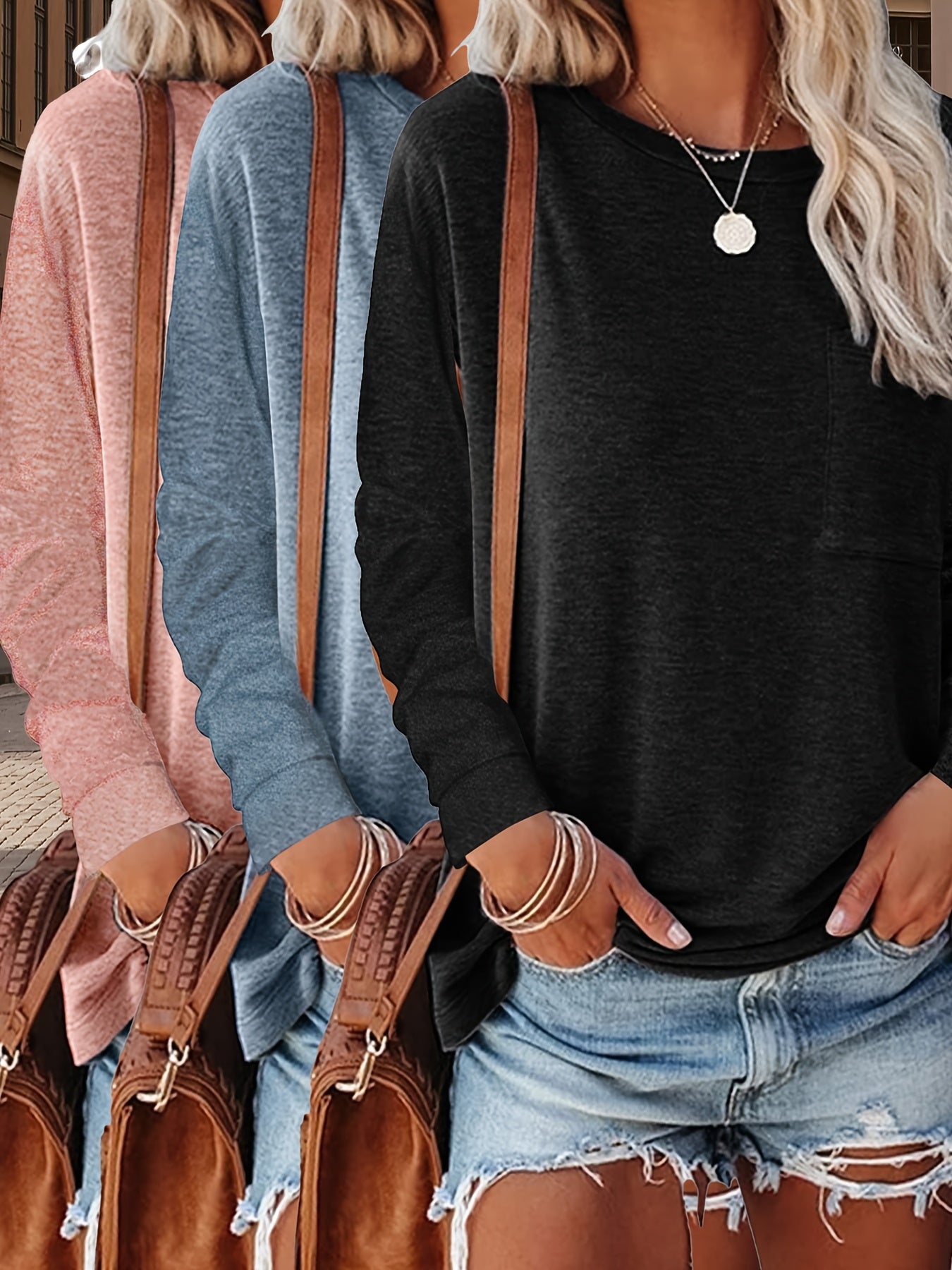 Three Pack Women's Autumn Winter Long Sleeve Pocket T Shirts