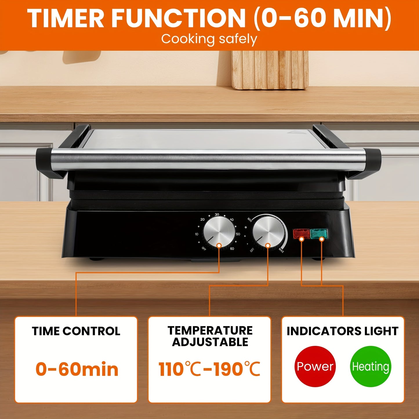 SUSTEAS 3-In-1 Electric Indoor Grill Panini Press With Nonstick Plates