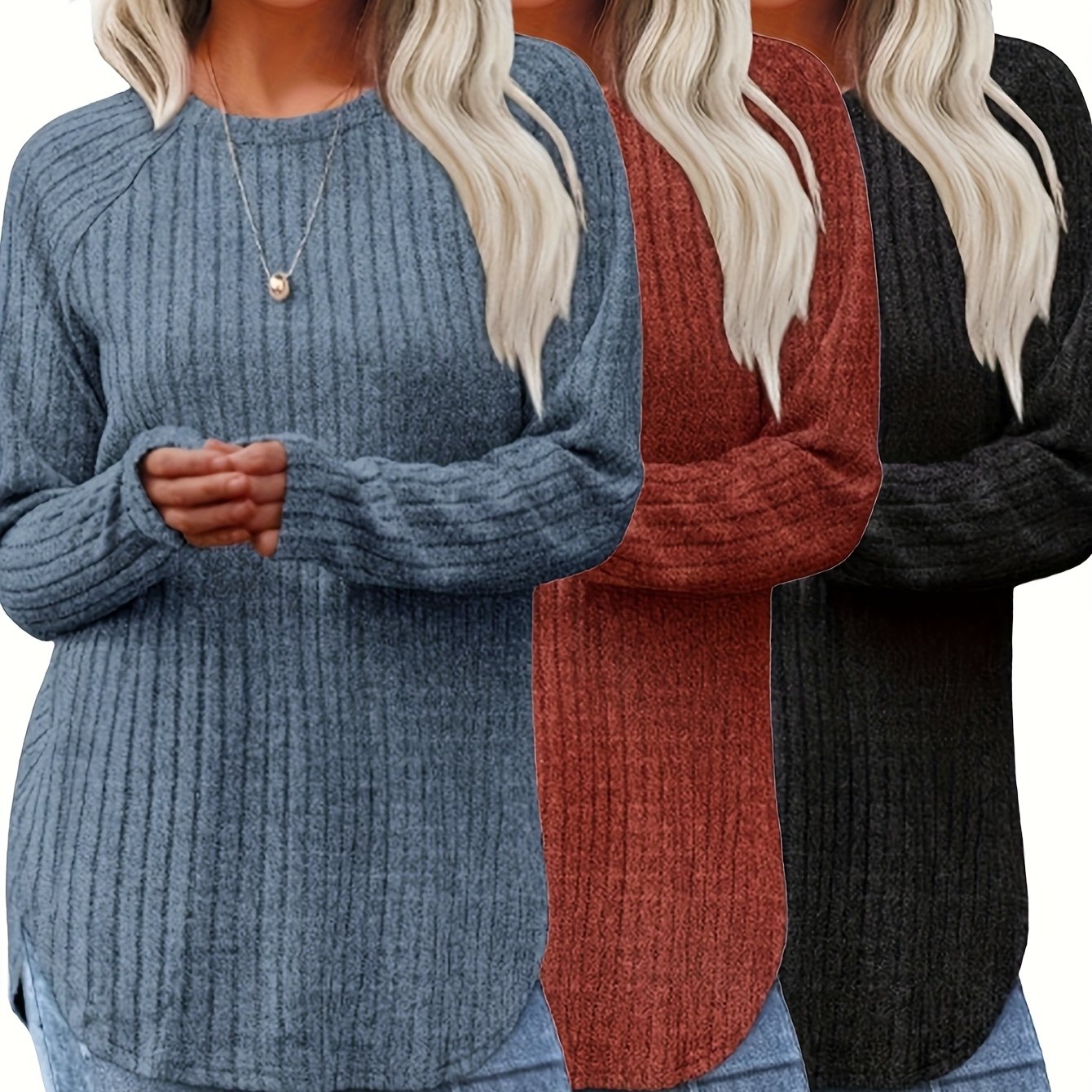 Three Piece Women's Casual Sweater Set With Round Neck Tee