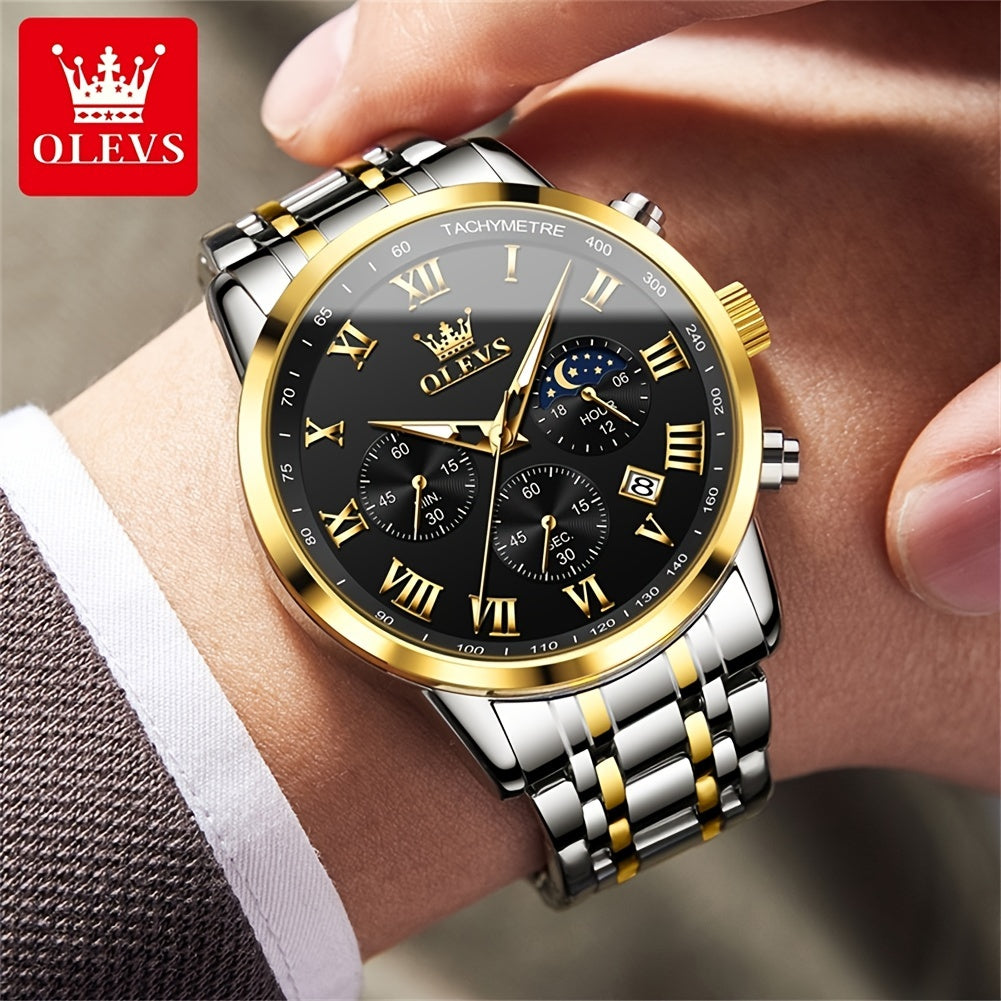OLEVS Mens Watch Stainless Steel Chronograph Roman Numerals Moon Phases