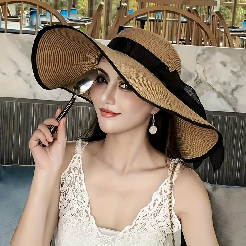 A Women'S Summer Straw Hat Designed for Outdoor Use, Featuring a Wide Beach Strap. It'S Foldable, Lightweight, And Easy to Carry, Making It Perfect for Holidays And Outdoor Events, As Well As a Stylish Accessory