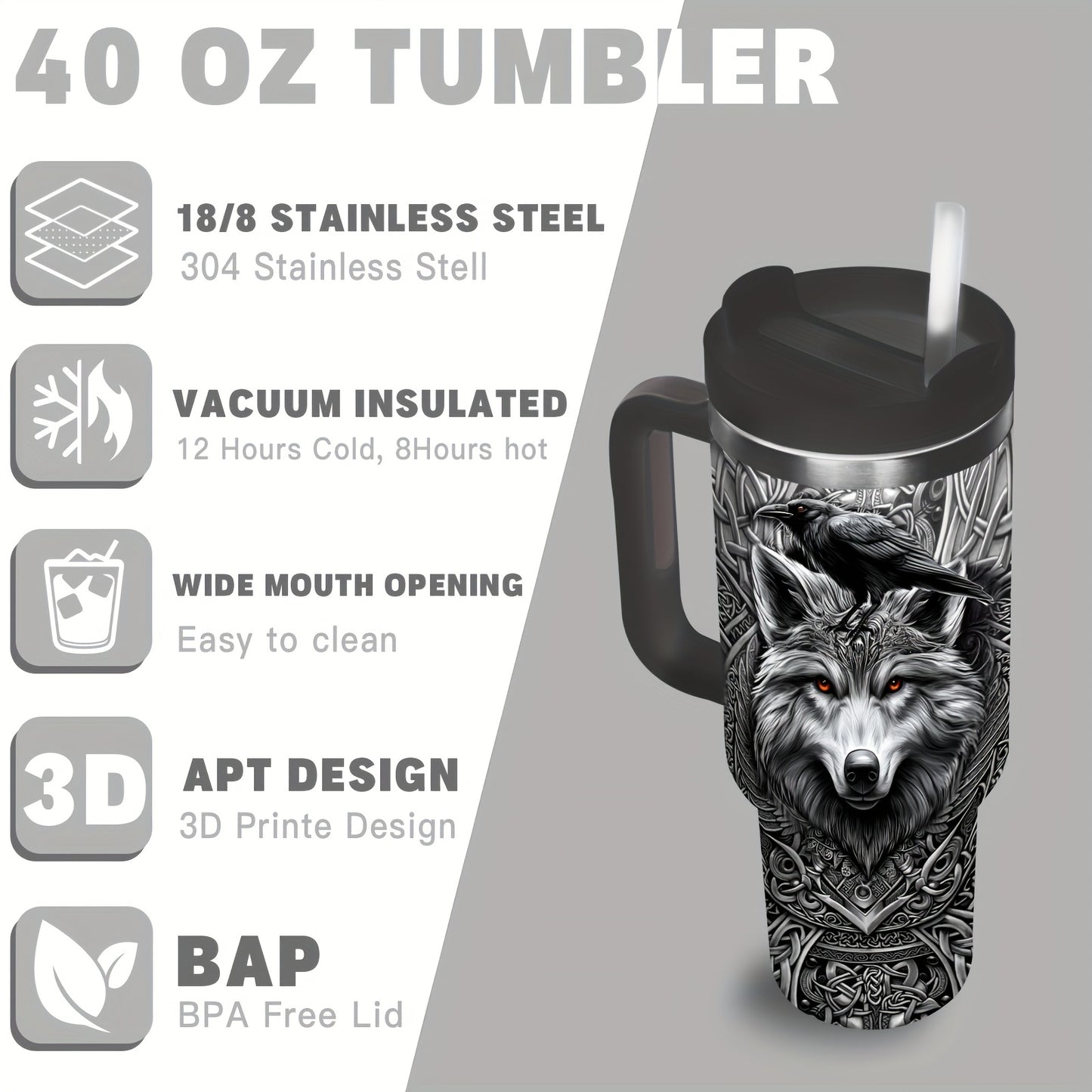 Viking Themed Stainless Steel Insulated Tumbler With Wolf Celtic Knot