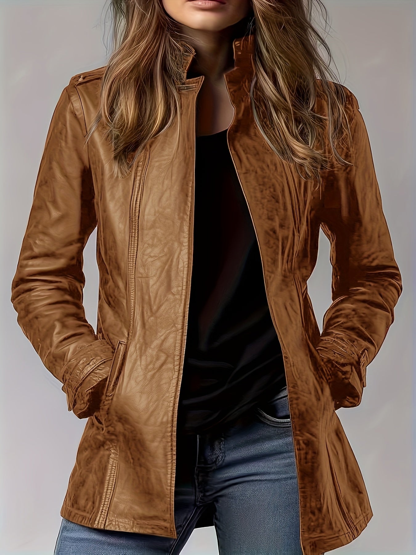 PU Spring, Summer, And Autumn Washable Casual Pocket Loose Mid-length Cardigan Jacket, Retro Motorcycle Jacket Long-sleeve Outerwear, 3D Effect, Stand Collar Design for Women's Long-sleeve Cardigan