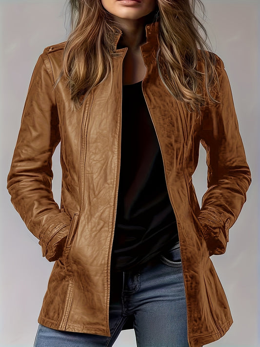 PU Spring, Summer, And Autumn Washable Casual Pocket Loose Mid-length Cardigan Jacket, Retro Motorcycle Jacket Long-sleeve Outerwear, 3D Effect, Stand Collar Design for Women's Long-sleeve Cardigan