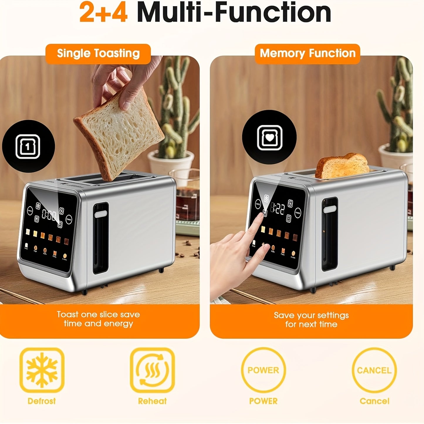 2 Slice Touch Screen Toaster Stainless Steel With Memory