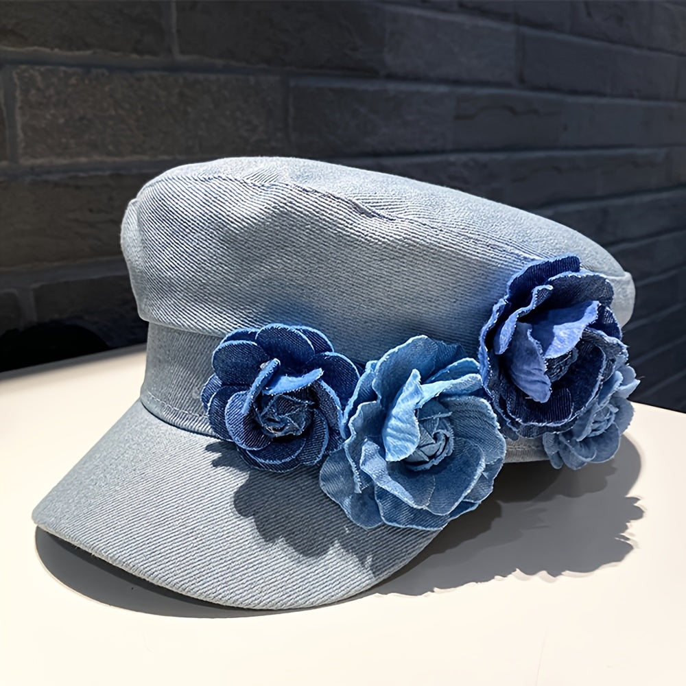 BODERI Women'S Denim Beret with Blue Roses - Lightweight, Elastic Fit for Outdoor Activities, Parties, and Casual Attire, Casual Headwear | Floral Embellished Beret | Texture Beret