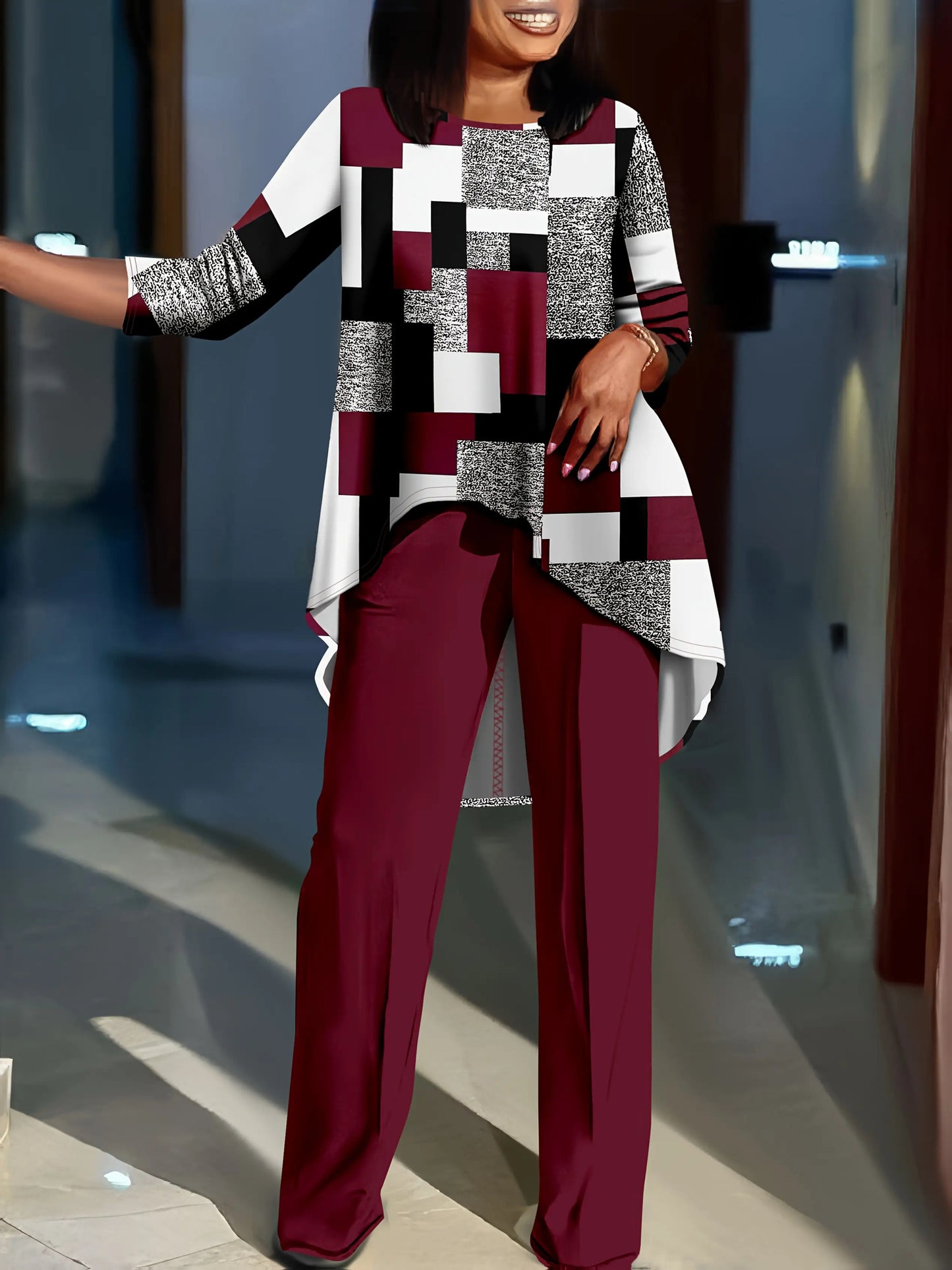 Geometric Print Long Sleeve Top And Solid Two-Piece Set