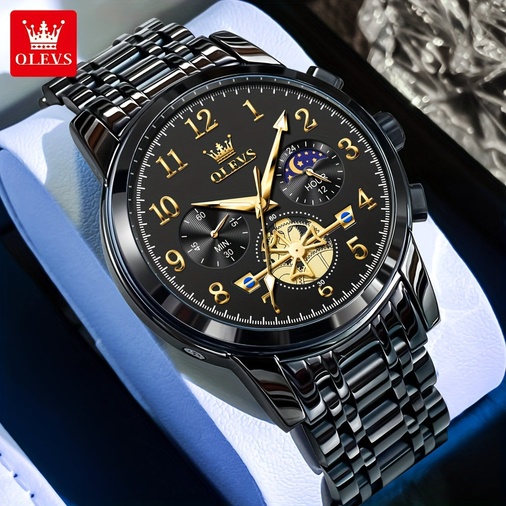 OLEVS Men's Luxury Quartz Watch Stainless Steel Moon Phase Chronograph