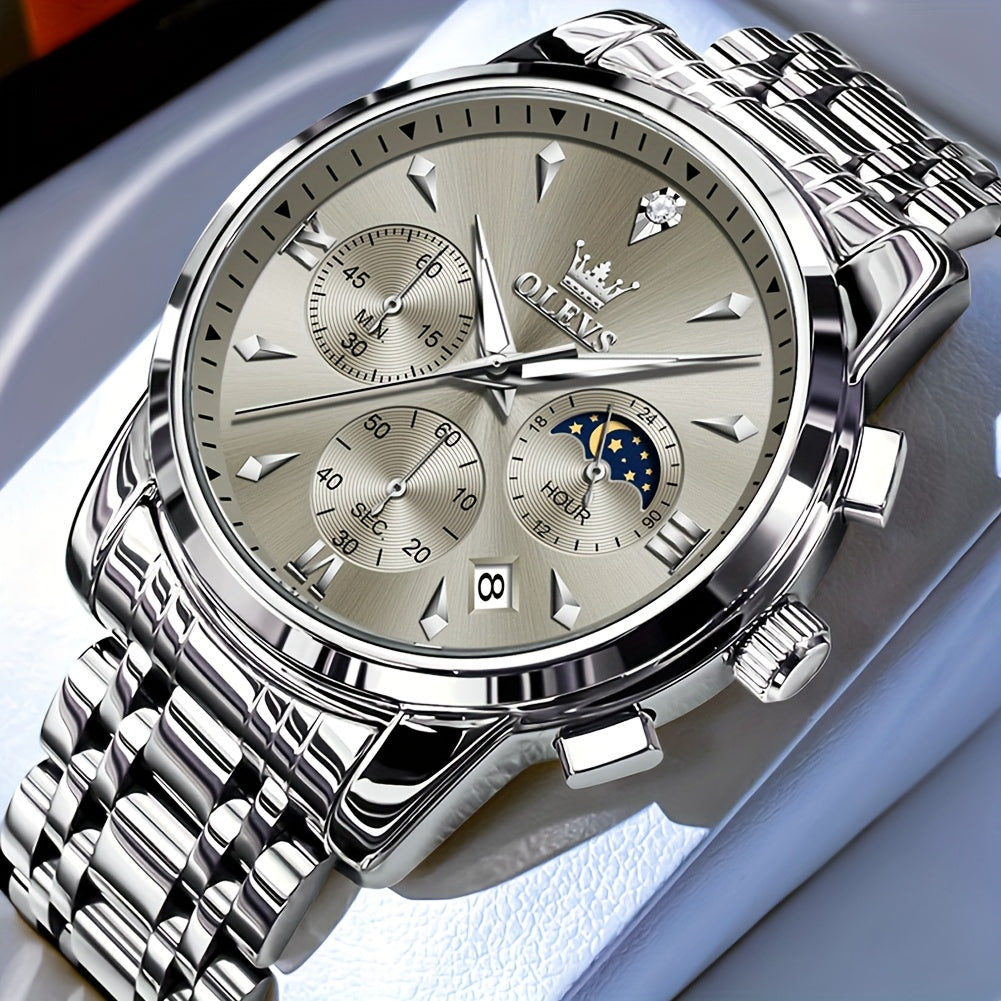 OLEVS Men's Luxury Quartz Chronograph Moon Phase Stainless Steel Watch