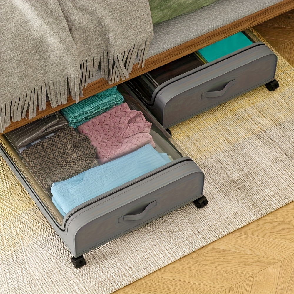 2pcs Under Bed Storage Organizer Metal Underbed Bins With Wheels And Lid Metal Underbed Storage Containers Under Bed Rolling Storage For Clothes, Bedding, Shoes, Blankets, Books, Toys, Under-Bed Storage